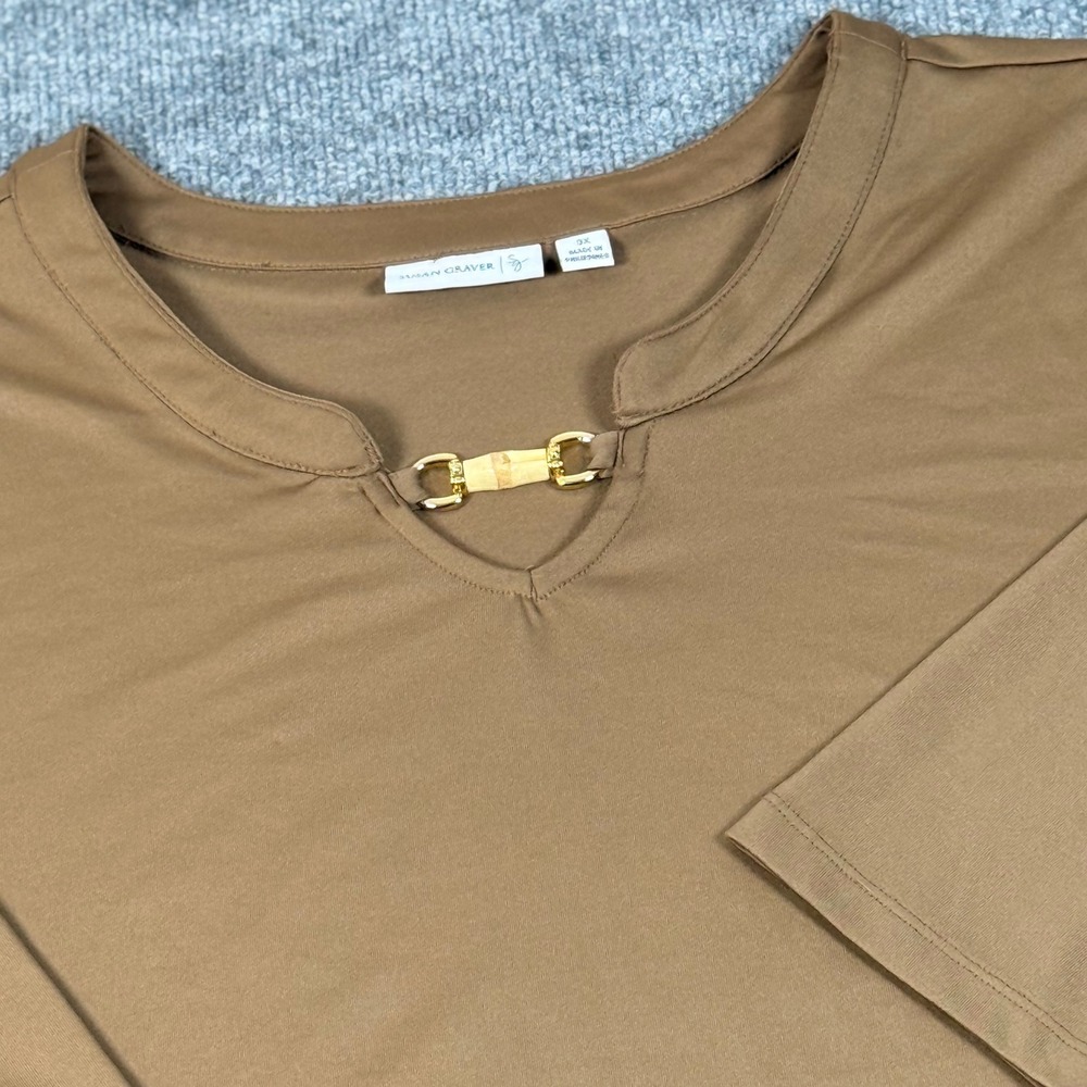 Chic Susan Graver 3X Brown Quarter Sleeve‎ V Neck Top Gold Bamboo Buckle Detail